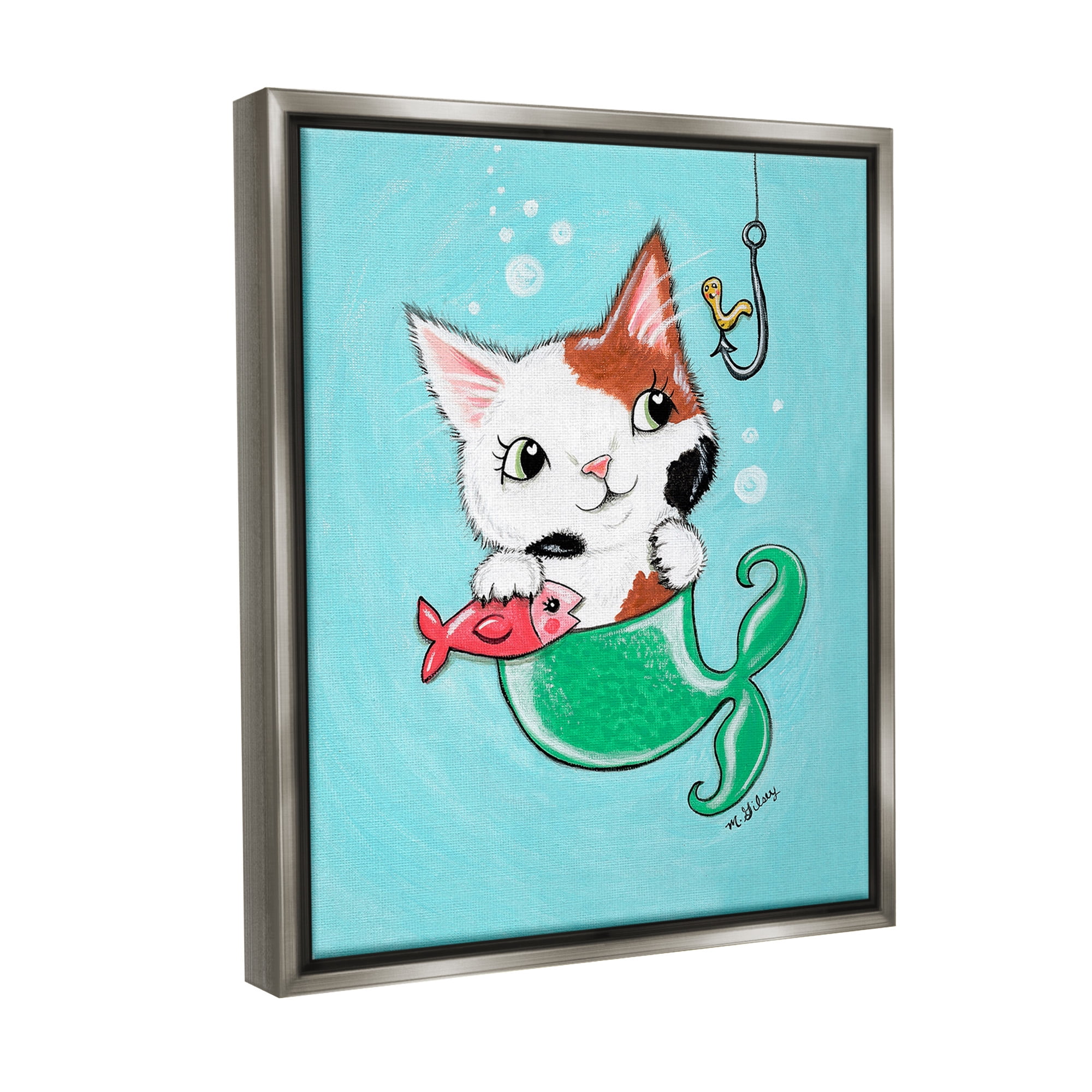 Stupell Industries Mermaid Cat with Fish Animals & Insects Painting Gray Floater Framed Canvas Art Print Wall Art, 17 x 21