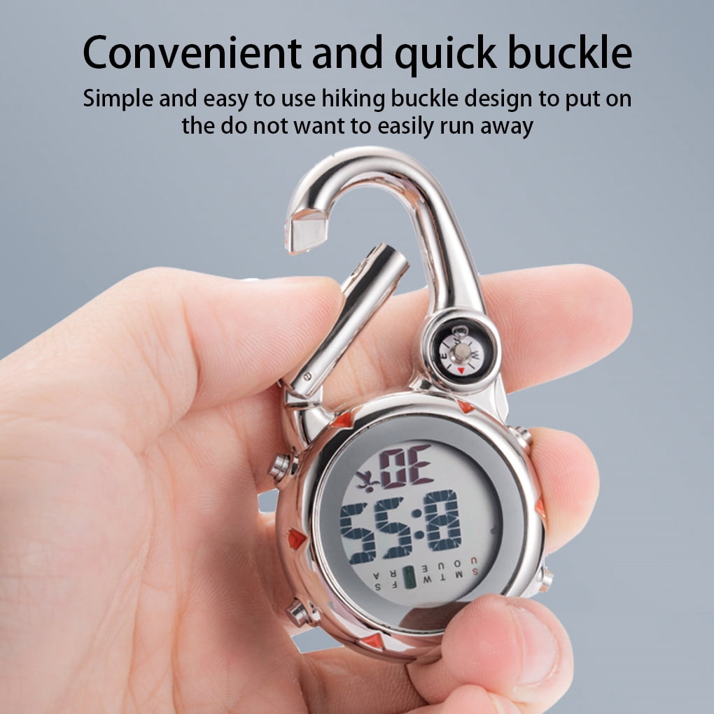 Tredstone Digital Carabiner Clip Watches Hook Clock Luminous Multi Function Fob Nurse Watch Compasses Week Clocks Black Black