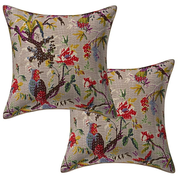 Stylo Culture Ethnic Couch Throw Pillow Covers 16x16 Kantha Beige Printed 40 x 40 cm Bedroom Decor Pillowcase Cotton Bird Square Cushion Covers | Set Of 2