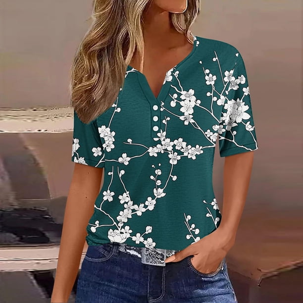Fiudx Tops para Mujer Blusa de Manga Corta Estampada a La Moda para Mujer, Blusas Informales con Cuello En V