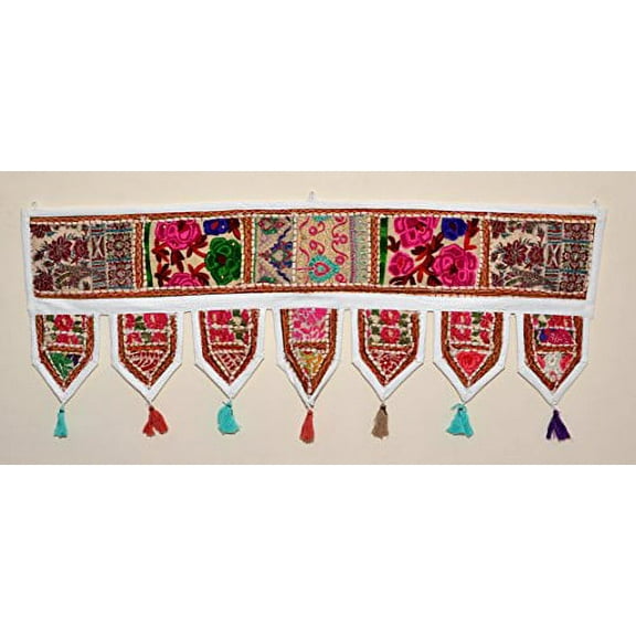 ANJANIYA - Indian Cotton Bohemian Ethnic Vintage Patchwork Door Topper Valances Window Valances Wall Hanging Boho Home Decor Hand Embroidered Toran Hippie Living Room Decor (38x13 inch) (Whi