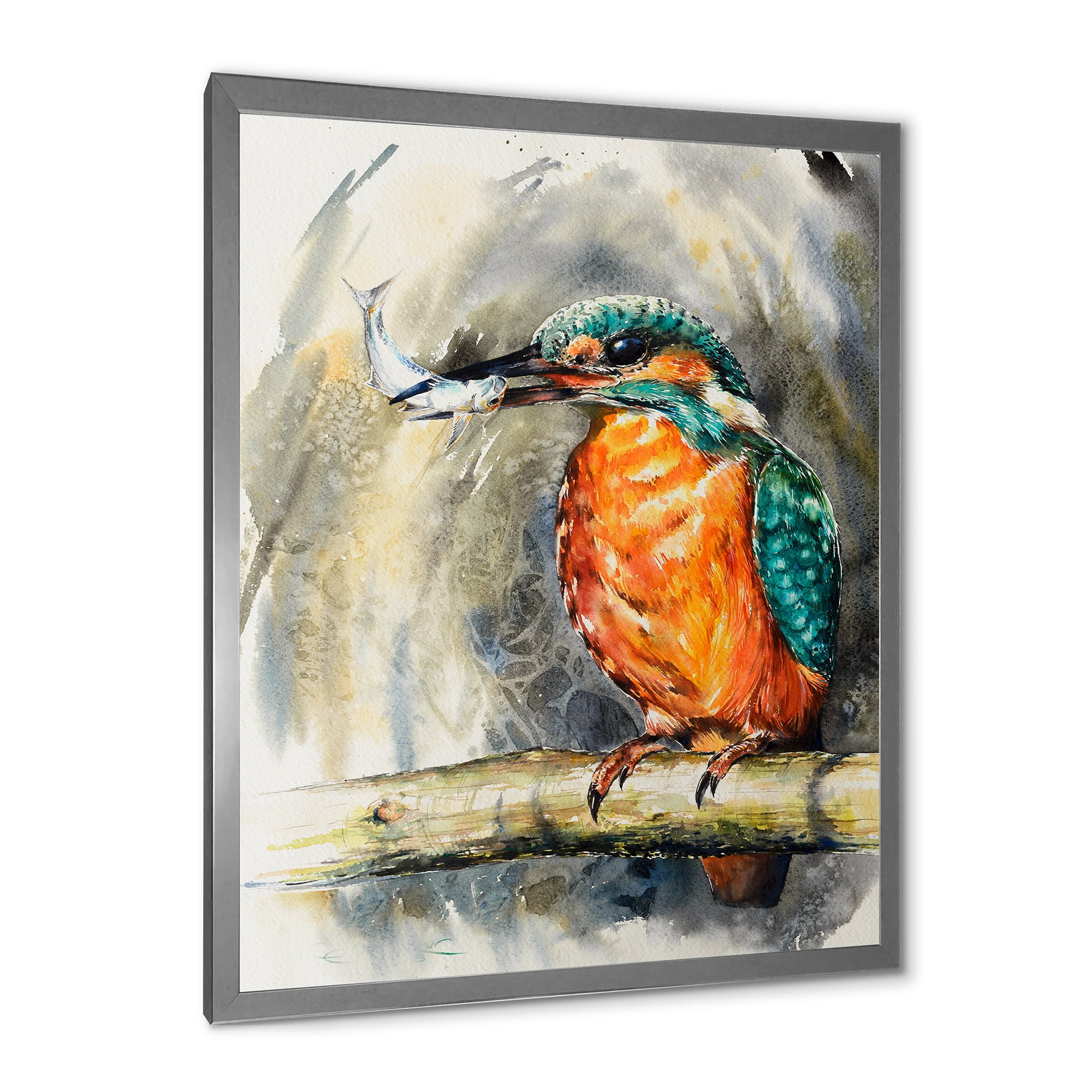 Designart 'Common Kingfisher On Branch Eating A Small Fish' Traditional Framed Art Print