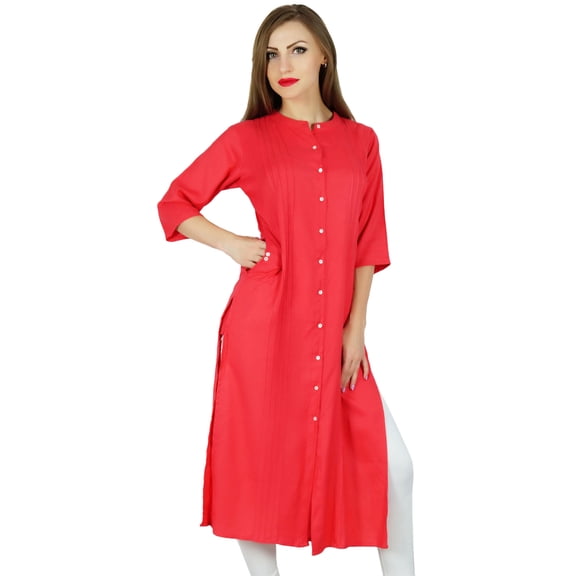 Bimba Women Rayon Button Down Long Straight Kurta Kurti Formal Ethnic Blouse