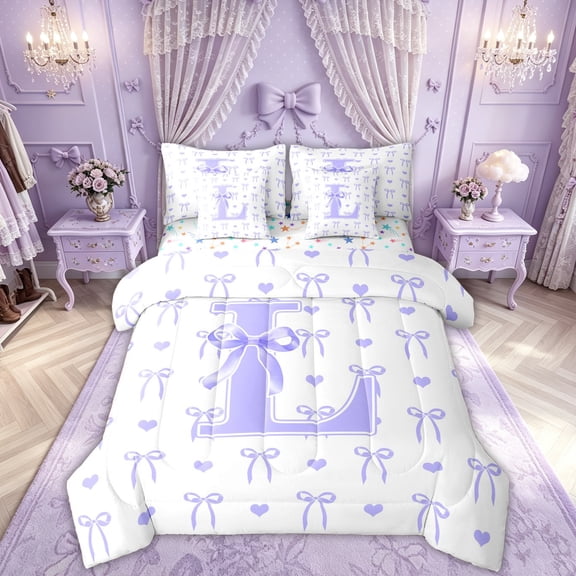 Feelyou Ribbon Initial L Letter Twin Bedding for Girls, Purple Princess Bow Theme Bedding Comforter Set, Colorful Star Reversible, 7pcs