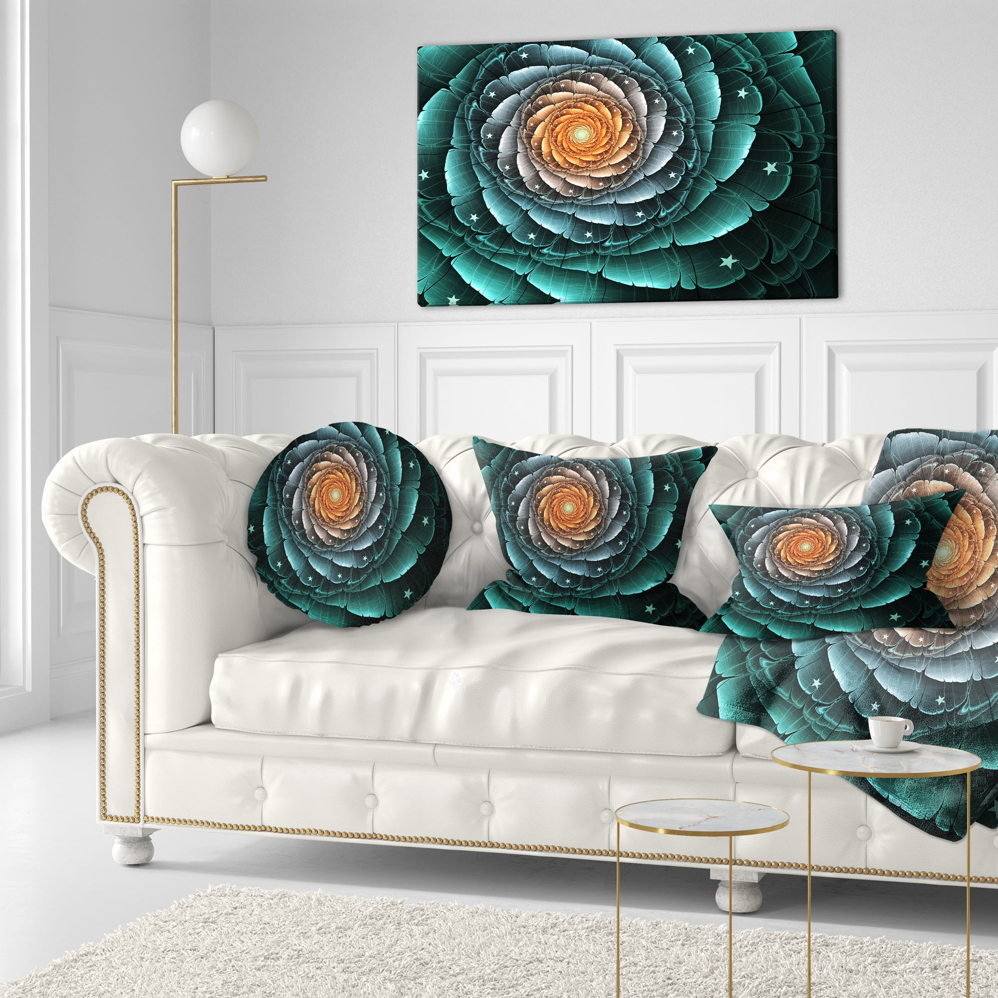 Designart Fractal Flower Turquoise Digital Art - Floral Throw Pillow - 12x20