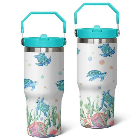 30oz Turtle Stainless Steel Tumbler with Top Handle,Cute Ocean Life Travel Coffee Mug Flip Straw Cup,Gifts for Women Girls Men Adults（greenish-blue）