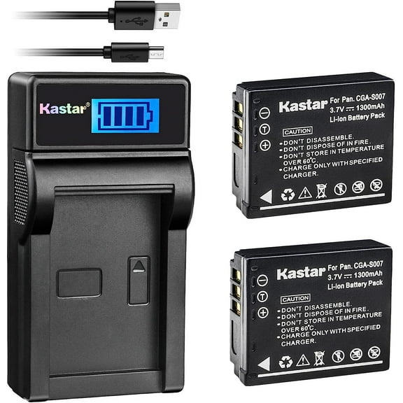 Kastar Battery (X2) & LCD Slim USB Charger Replacement for Panasonic CGA-S007, CGA-S007A, CGR-S007, CGAS007, Panasonic DMC-TZ1 DMC-TZ2 DMC-TZ3 DMC-TZ4 DMC-TZ5 DMC-TZ11 DMC-TZ15 DMC-TZ50 Digital Camera 1 Charger   2 Batteries