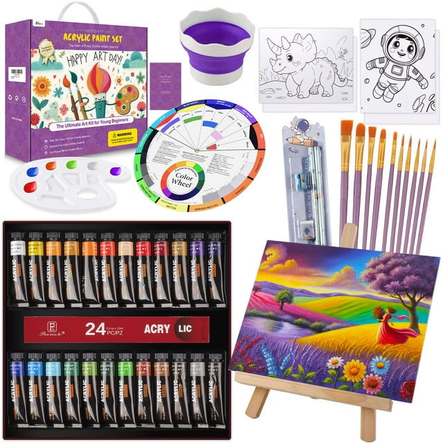 Set de pinturas acrílicas PUOPOSTY para niños con caballete, 24 pinturas y más