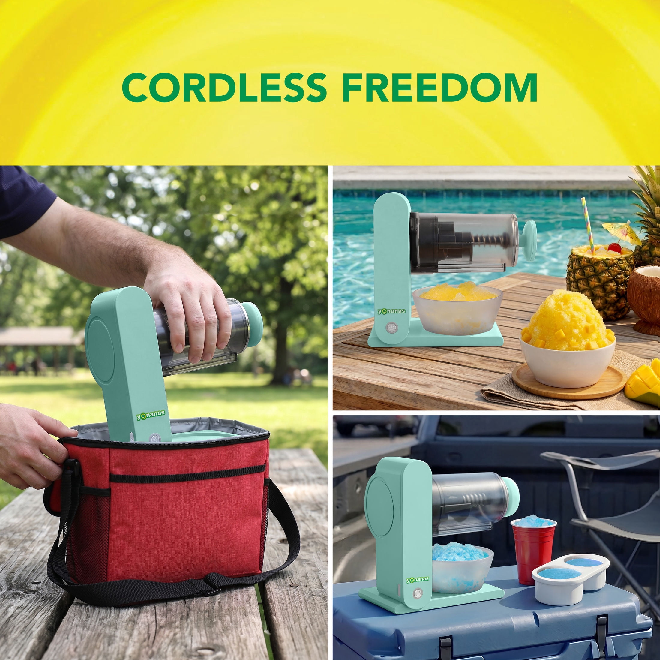 Yonanas Portable Shaved Ice Maker Cordless and Rechargeable Hands-Free Operation for Fluffy Snow Cones, Slushies and Frozen Drinks, USB-c Charging
