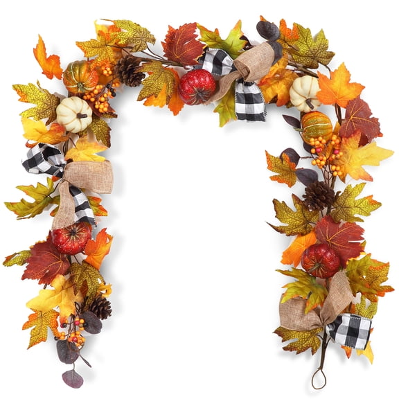 6 FT Artificial Autumn Pumpkin Garland,Thanksgiving Fall Garland Decor with Maple Leaves Black and White Plaid Ribbon and Pine Cone,Autumn Pumpkin Garlands for Table Centerpiece Fireplace Porch Home