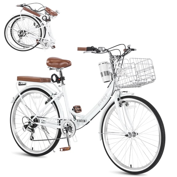 Bstjewey Folding Ladies 26inch Beach Cruiser Bicycle，White
