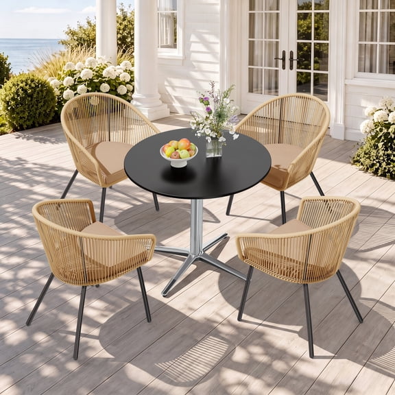 Sophia & William 5 Pieces Outdoor Patio Dining Set, Metal Round Dining Table and Wicker Rattan Chairs Set for 4, Black Placer Gold