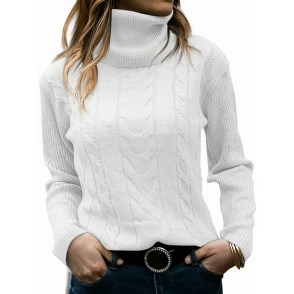 Womens' Turtle-Neck Long Sleeve Cable Knit Sweaters White S