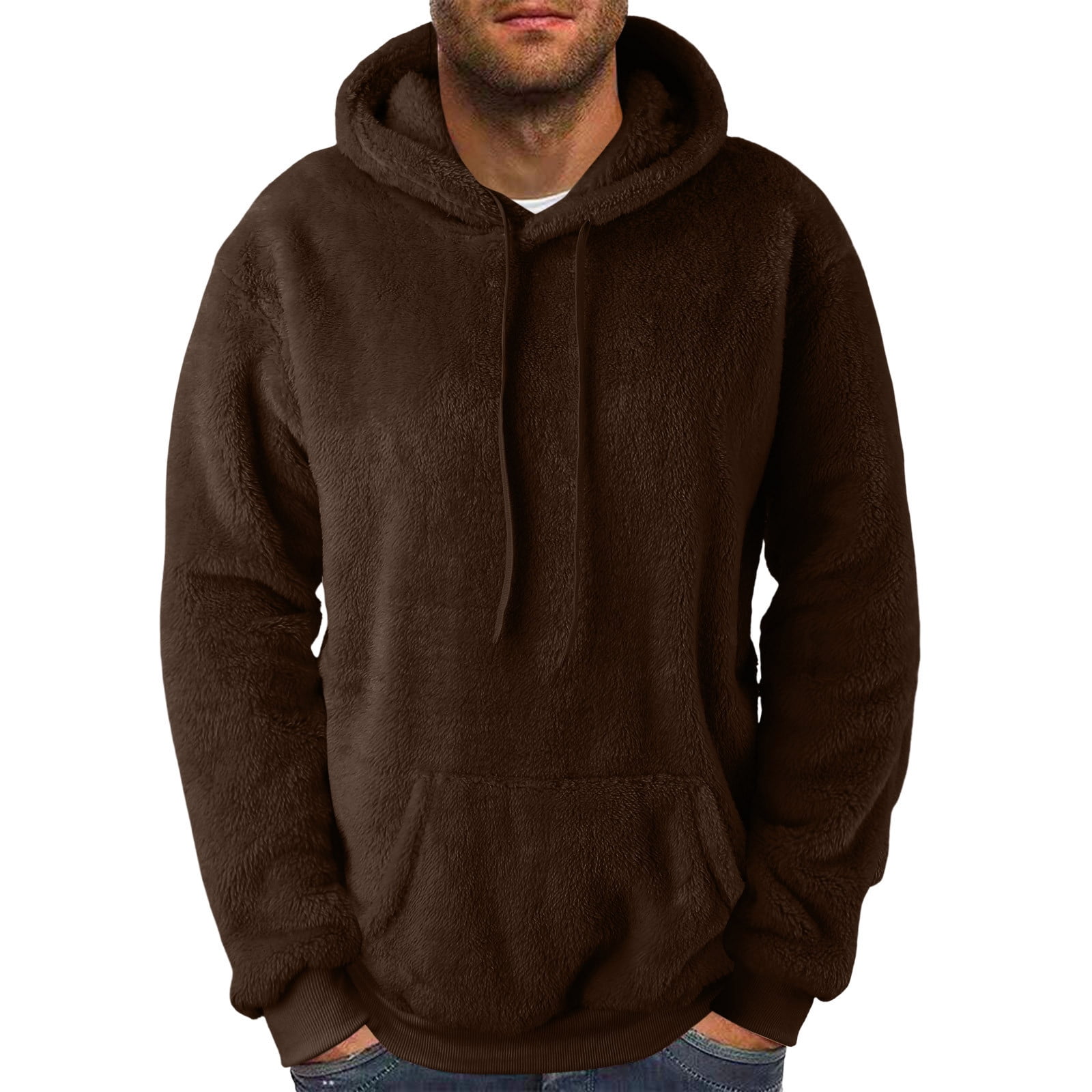 S-5X Mens Big & Tall Hoodies with Front Pocket Plus Size Pullover Fleece Sweatshirts Long Sleeve Solid Color Thermal Warm Sherpa Hooded Tops