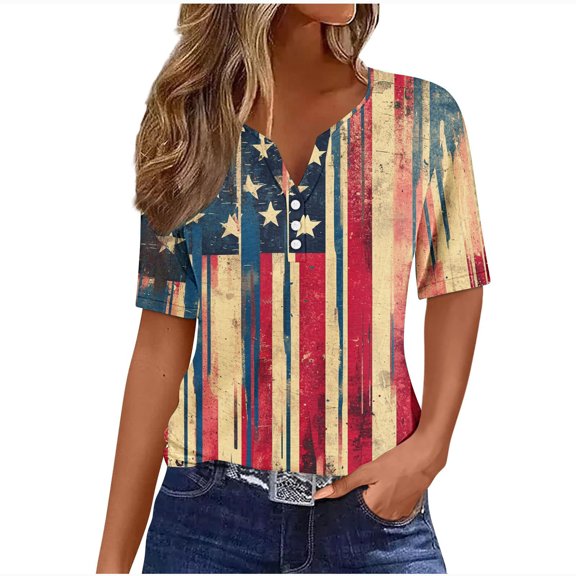 Cavosen Workout Tops for Women V Neck Stars Stripes Patriotic Tee Red White and Blue Button Down Graphic Shirt Summer Loose Tops