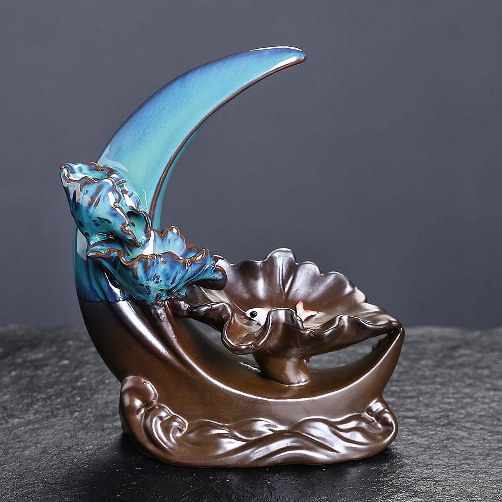 Ceramic Backflow Waterfall Burner Creative Moon Lotus Leaf Small Fish Sandalwood Backflow Incense Holder Craft Decoration