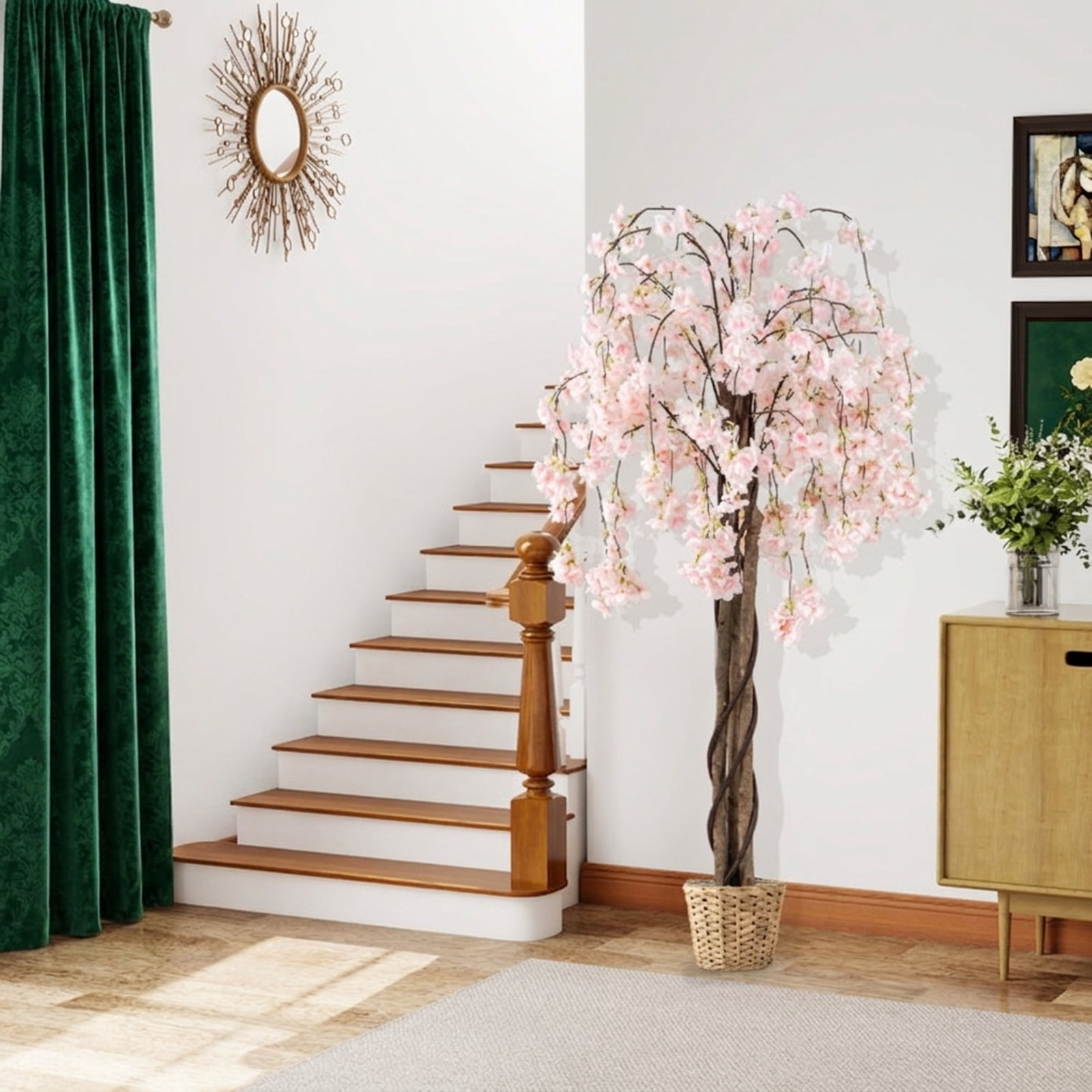 Vebreda Artificial Plant Decor, 5.5 FT Tall Artificial Cherry Blossom Tree with Pink/White Flowers 2 Pack, Realistic and Charming Appearance