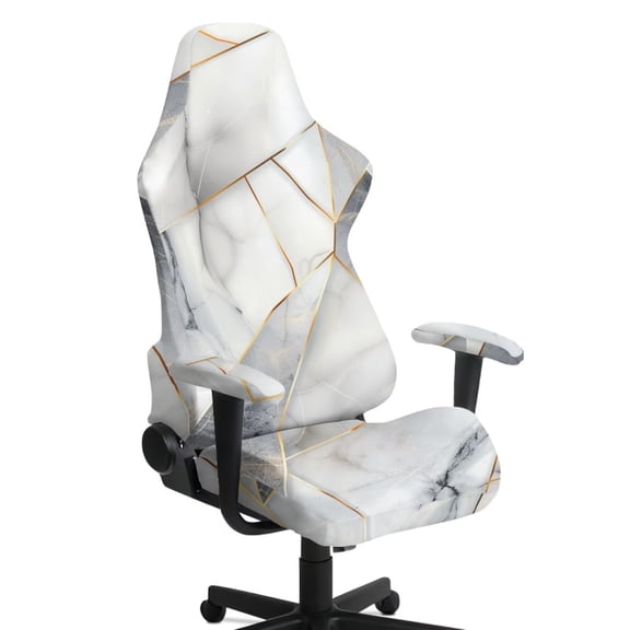 Jiueut White Marble Print Gaming Chair Cover Pack of 4, Breathable Computer Chair Cover with Armrest Covers Washable Slipcover for Rotating Chair with Elastic Band