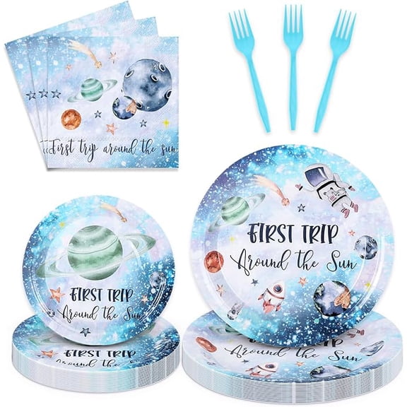 100Pcs First Trip Around The Sun Tableware Set, Outer Space Themed Dinnerware Set, Suitable for Birthday, Baby Shower, Party, Disposable Table Decor