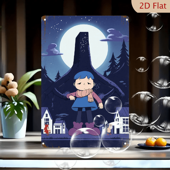 Surreal Night Sky Art: Blue-Haired Girl with Giant Tree Silhouette, Full Moon & Tiny Village, Cool Blue Purple Black 8x12in Metal Wall Decor for Bedroom Living Room