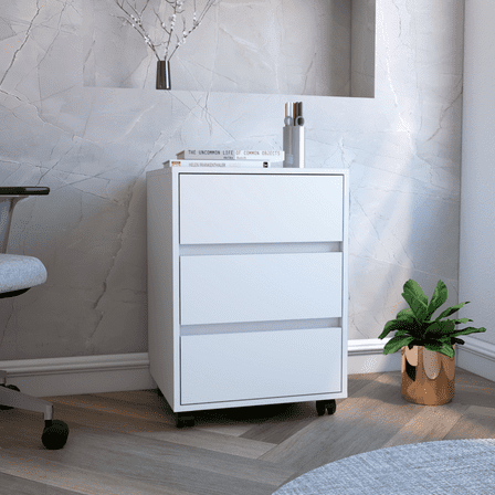 CoSoTower Filing Cabinet, Four Casters, Three Drawers, Top Surface, White