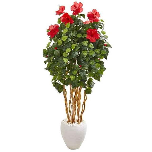 Nearly Natural 9714 63 in. Hibiscus Artificial Tree in White Planter