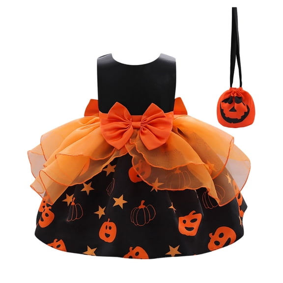 YUEHUA Little Girls Halloween Dress, Shiny Organza Overlay with Bow Detail, Elegant High Waist Fall Festival Dress for Children 2-6Y