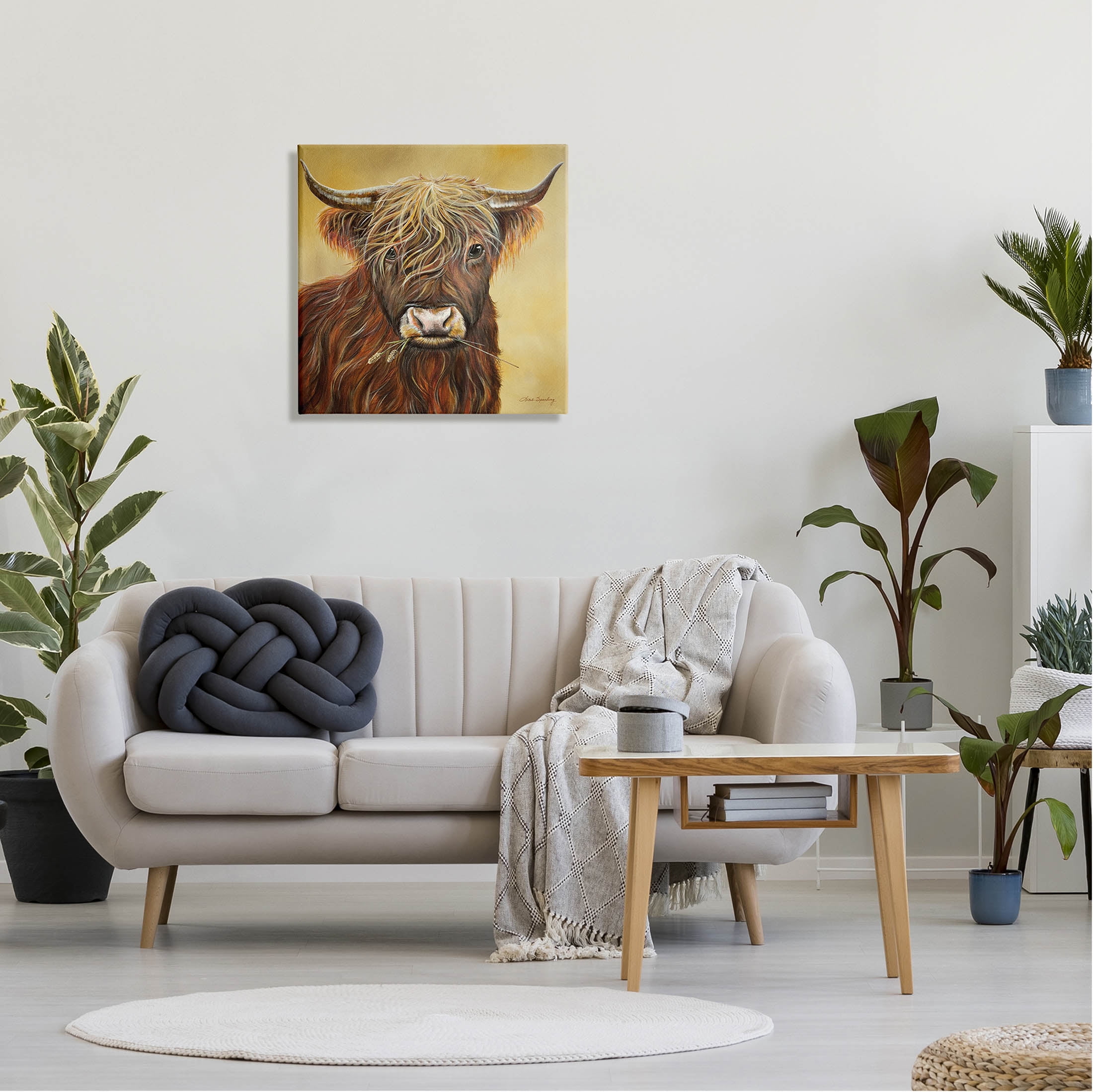 Highland Cattle Chewing Grass Portrait Animals & Insects Painting Gallery Wrapped Canvas Print Wall Art