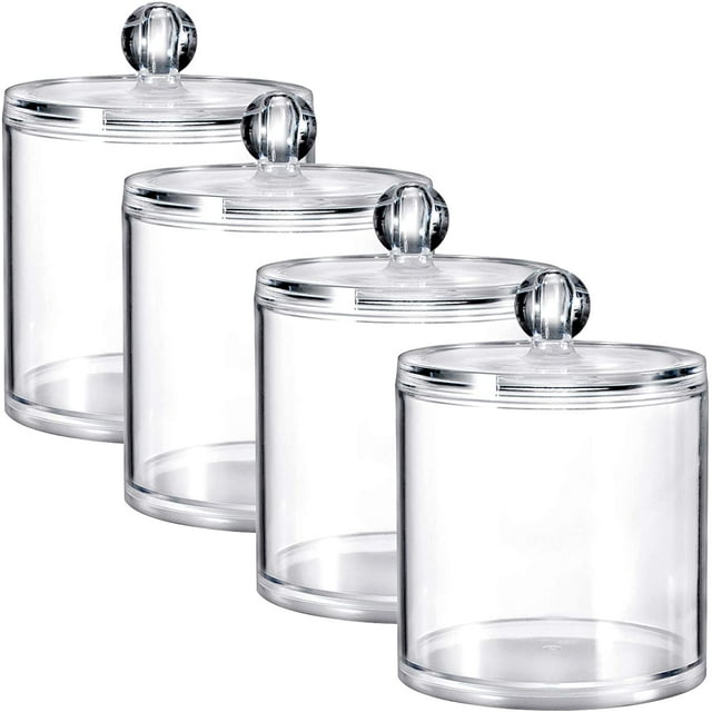Paquete de 4 botes de tocador con tapas para organizar bolitas de algodón, hisopos, almohadillas y sales de baño, frascos de almacenamiento de baño de acrílico transparente