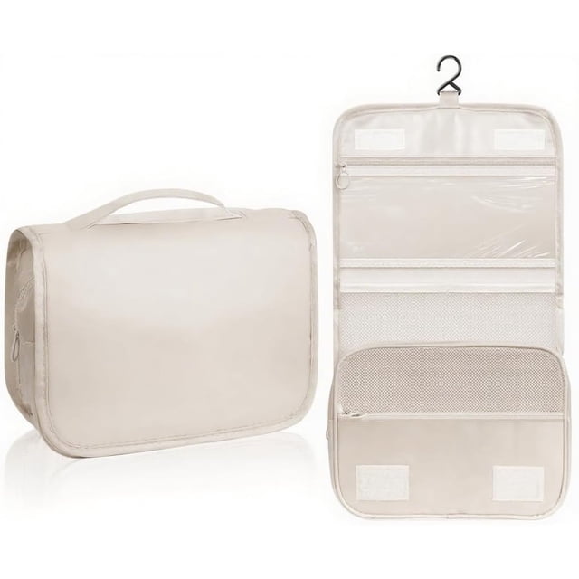 Neceser de Viaje, Neceser Colgante con Gancho, Gran Capacidad, Multicompartimento, Organizador de Maquillaje Multifuncional, Ideal para Viajes, Cosméticos Diarios y Baño (Beige)