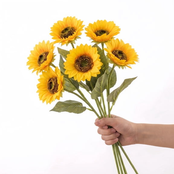 6 Pcs Large Artificial Sunflowers, Silk Long Stem Faux Flowers (Dark Center) for Home, Wedding & Outdoor Decor