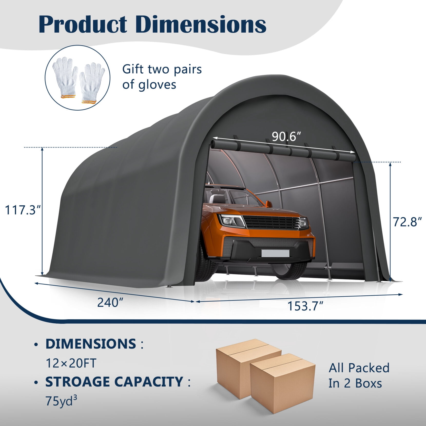 12x20 FT Heavy Duty Carport, Portable Garage Canopy with Steel Frame & Roll-Up Door, Round Style Outdoor Storage Shed for Car, Truck, Boat, Patio, Anti-Snow Waterproof, Grey