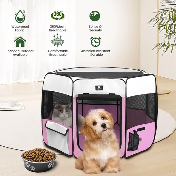 Dog Playpen Portable Pet Play Pens for Puppies, Cat, Rabbit, Chicks, Foldable Exercise Play Tent Kennel Crate, Indoor/Outdoor Travel Camping Pink Medium