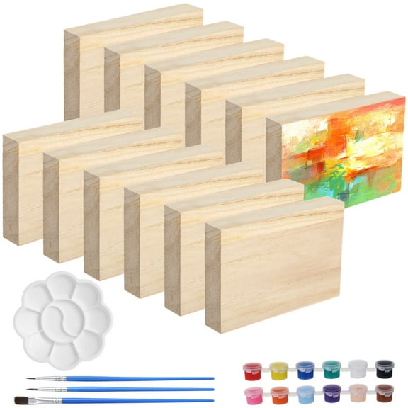 12 PCS Unfinished Wood Blocks, Natural Wood Block Painting Kit, 6 x 4 x 1 in DIY Blank Wood Boards with 12 Colors Paint 3 Paintbrushes Palette