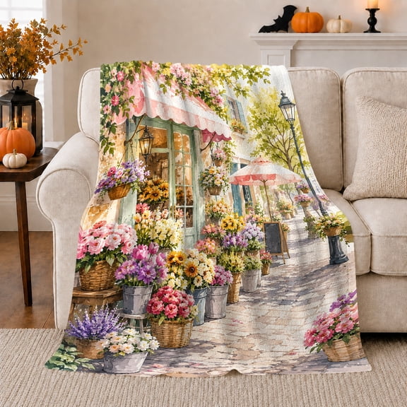 Charming European Street Scene Floral, Festive Botanical Garden Scene, Warm Flannel Blanket for Sunroom and Reading Nook, Garden Lovers Valentine's Day Gift, Botanical Home Decor