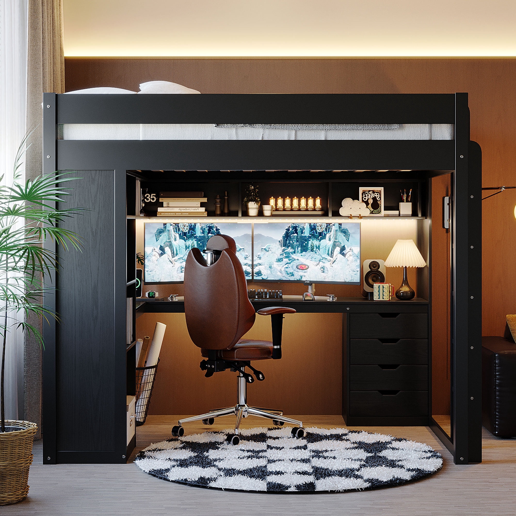 Mintazer Full Loft Bed with L-Shaped Desk & Smart LED Lights and Charge Station, Modern Loft Bed with 4 Storage Drawers & Shelves, Black