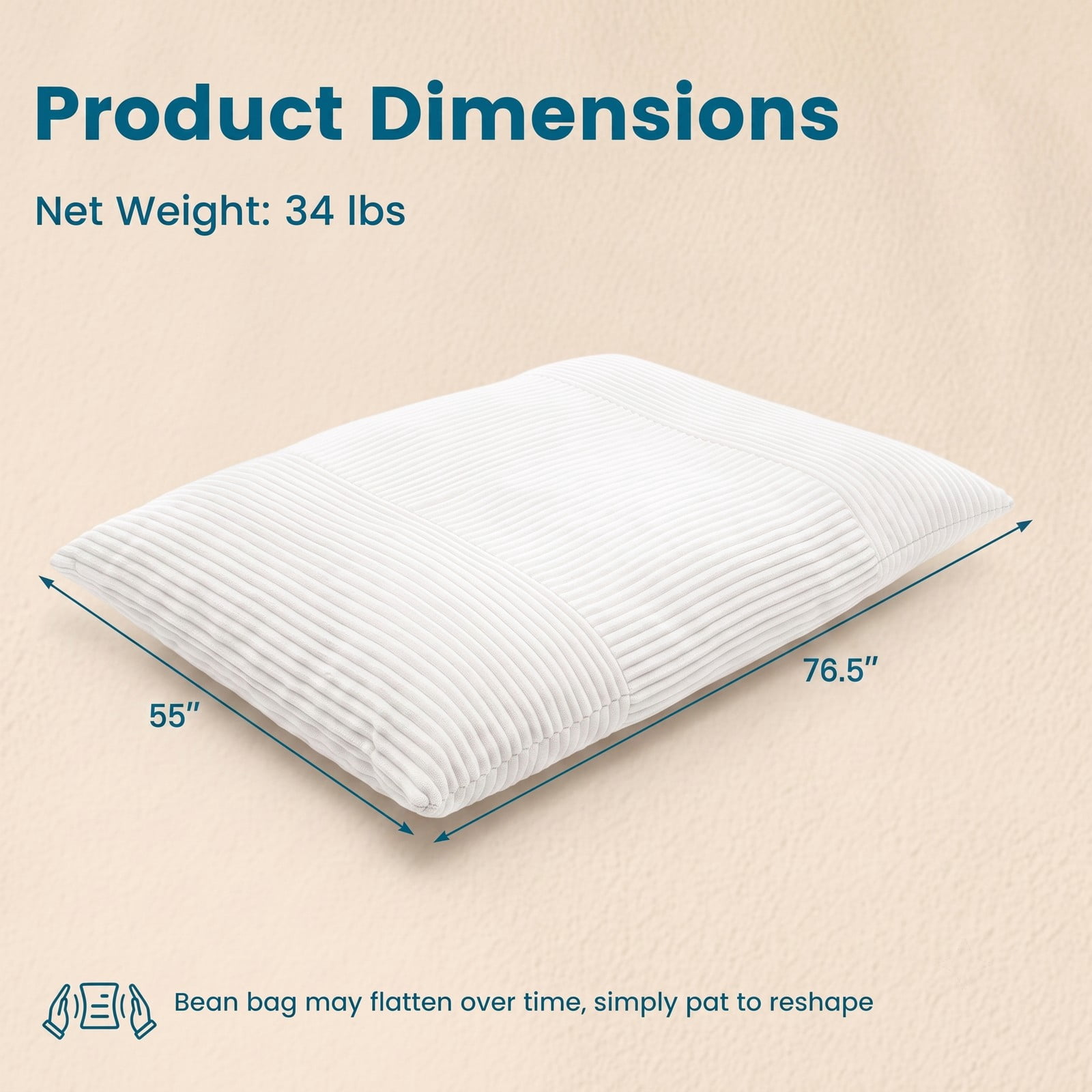 Furnibear Convertible Bean Bag Floor Sofa with Machine-Washable Corduroy Cover, Shredded Foam Lounger Bean Bag Bed for Dorm Living Room Reading Gaming, Beige