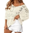 thumbnail image 2 of Aihuaihua Women's Crochet Cover Up Tops Summer 3/4 Sleeve Hollow Out Off Shoulder Sweater Shirts Beach Swimsuit Coverup Beige M, 2 of 5