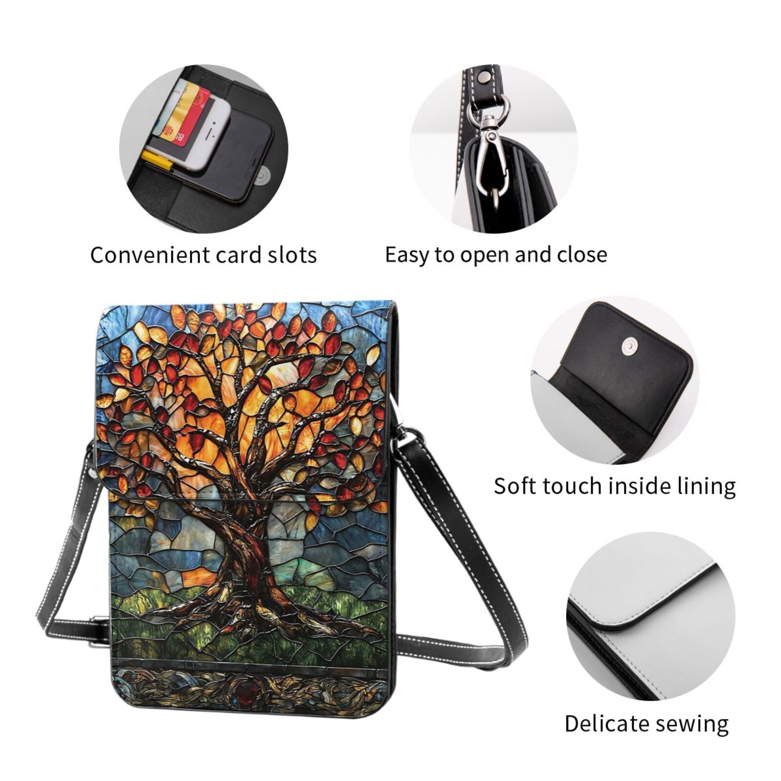Trees Stained Glass Art Cell Phone Purse Small Crossbody Bag with Strap Credit Card Slots Leather Shoulder Wallet for Women