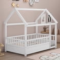 thumbnail image 3 of Oufan Twin Size House Floor Bed,Wooden Montessori Bed with House Roof Frame and Fence Guardrails,Twin Bed Frame for Boys, Girls, White, 3 of 10