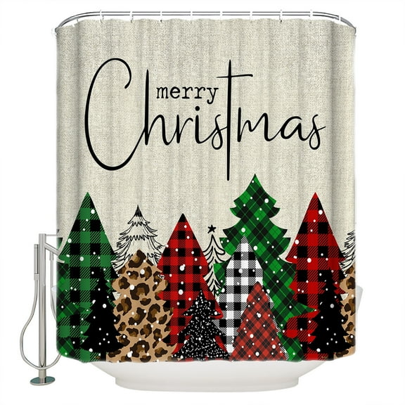 Merry Christmas Shower Curtain, 36" x 72", Green Red Plaid Buffalo Xmas Tree Beige Linen Waterproof Bathroom Curtain Washable Shower Curtain Set with 12 Hooks