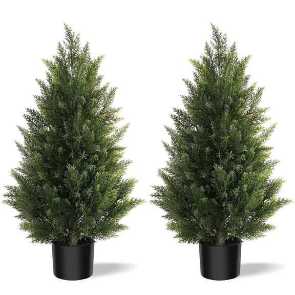 OLIVIVI Artificial Cedar Tree 3FT Tall Faux Silk Plant for Home Office Decor Indoor Outdoor Fake Lifelike Potted Tree with Wood Branches 2 pack