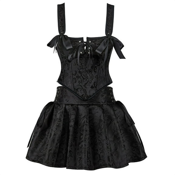 TAIAOJING Gothic Square Neck Corset Shapewear With Black A-Line Pleated Skirt Set For Women Bowknot Spaghetti Strap Bustier