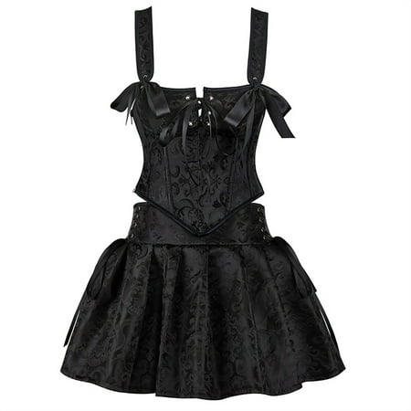 LARUYEKO Gothic Square Neck Corset with Black A Line Pleated Skirt Set for Women Bowknot Spaghetti Strap Bustier Scapini Tarot Dress for Women Midevil Gothic Dresses for Women Leather Shoes Gambeson