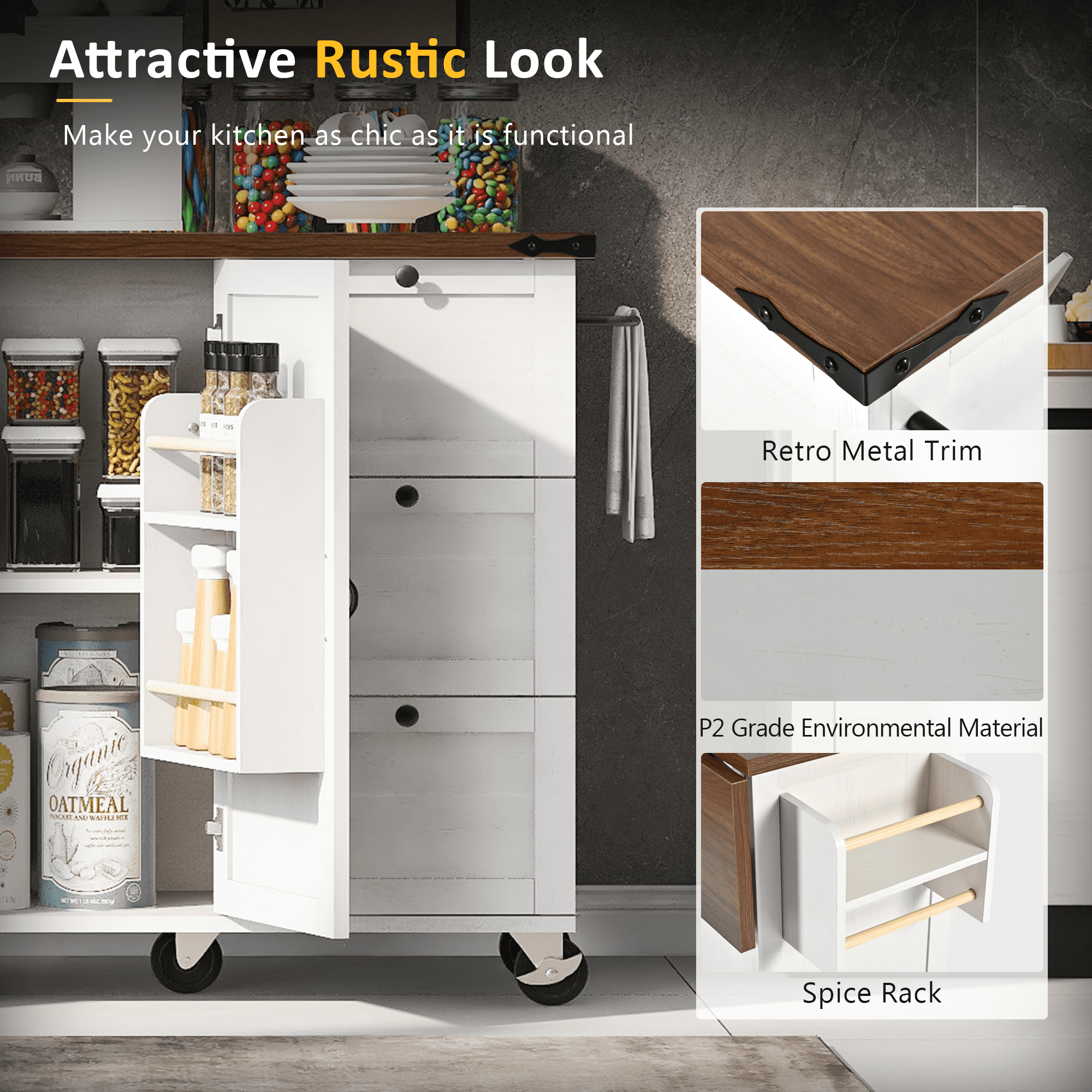 Homy Casa 54.5" Farmhouse Kitchen Island with Drop Leaf, Power Outlets, Barn Doors, 3 Drawers