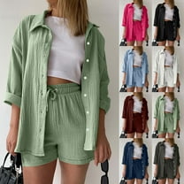 UVEASISHA 2 Piece Linen Sets for Women Summer Casual Office Outfits 3/4 Sleeve Collared Button Down Shirts Elastic Waist Drawstring Shorts Set White M