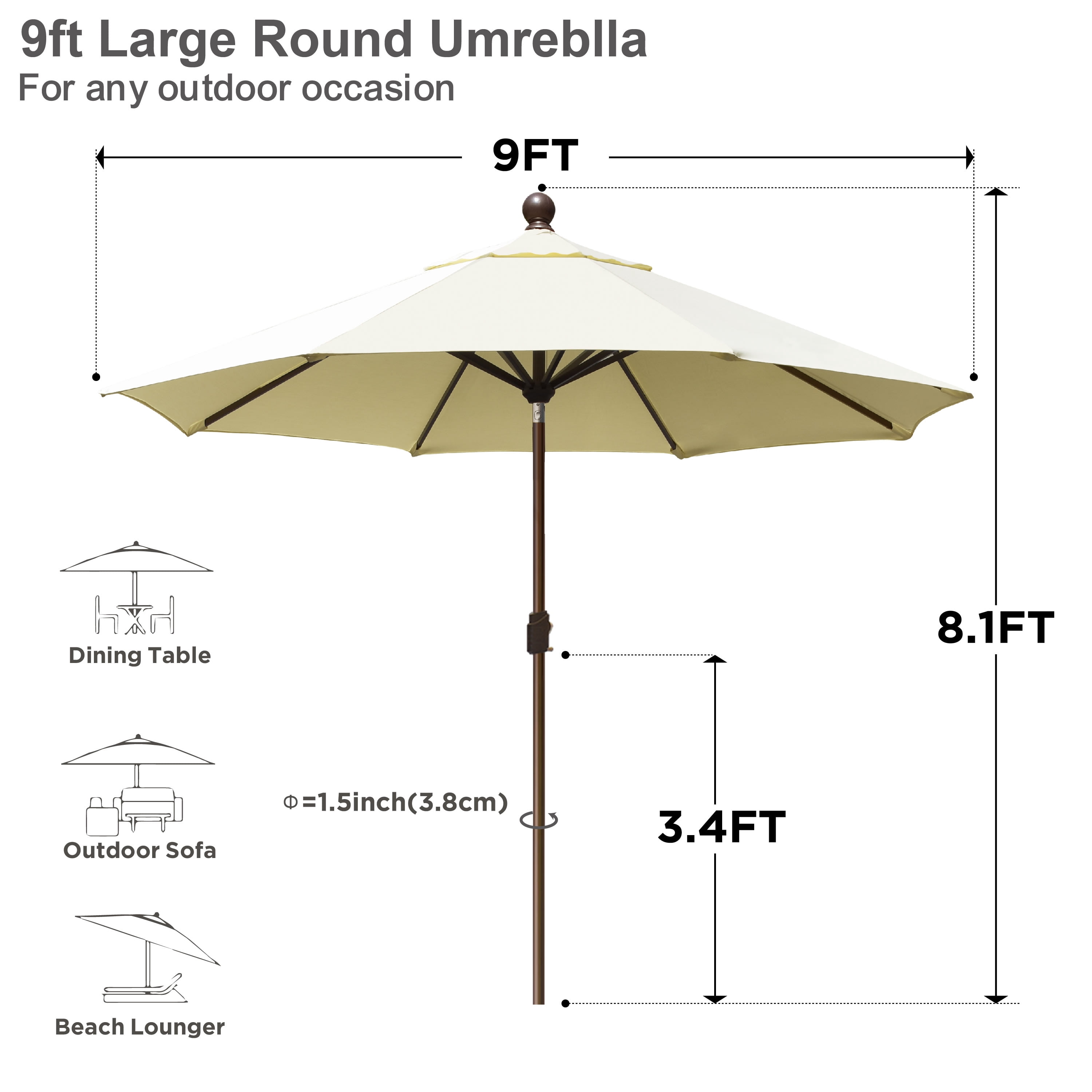 EliteShade 9Ft Market Umbrella Patio Outdoor Table Umbrella（Natural）
