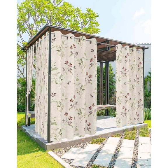 Outdoor Curtains for Patio, Flower Leaves, Waterproof Blackout Outside Curtain for Porch/Pergola/Gazebo, Farmhouse Country Flower Bud Watercolor Thermal Insulated Drapes, 1 Panel, 54 x 95 Inch