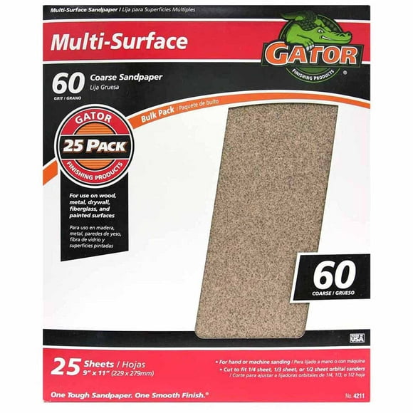 Hojas de lijado Gator Multi-Surface, grano 60, 9 x 11 pulgadas, paquete de 25