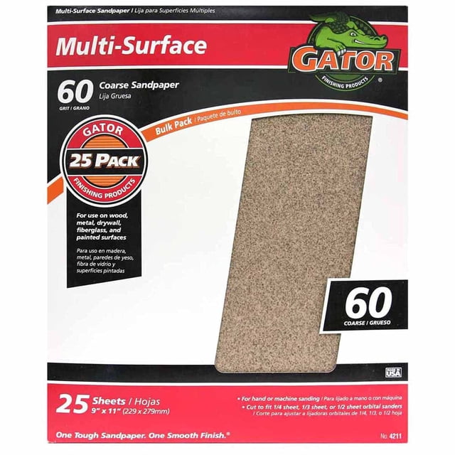 Hojas de lijado Gator Multi-Surface, grano 60, 9 x 11 pulgadas, paquete de 25